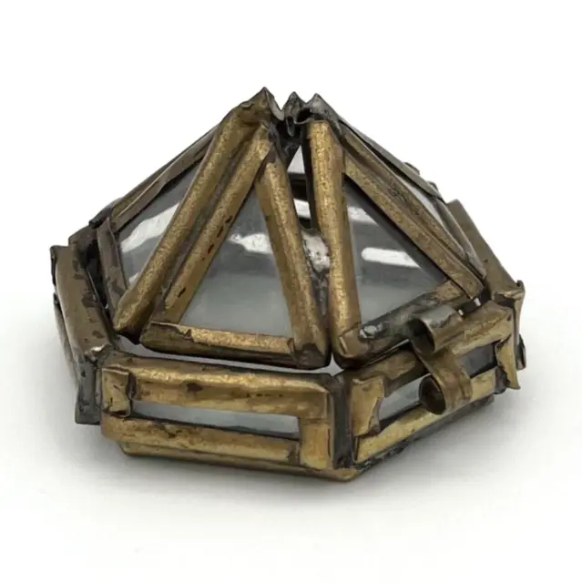 Vintage Pillendose Antik Schmuckbox Pyramide Messing Glas Schatulle RAR #1746