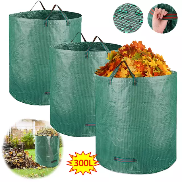 3X Heavy Duty 300L Reusable Garden Waste Bags with Handle Waterproof Refuse Sack