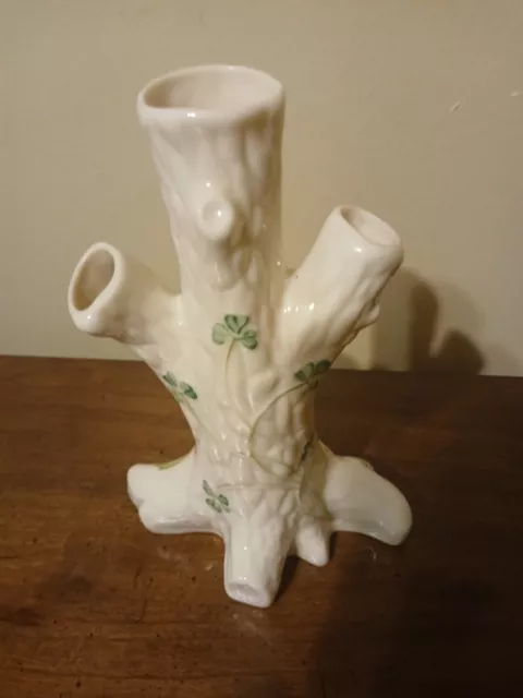 Irish Belleek China Shamrock Clover Tree Trunk Triple Bud Vase 6 1/4” Marked