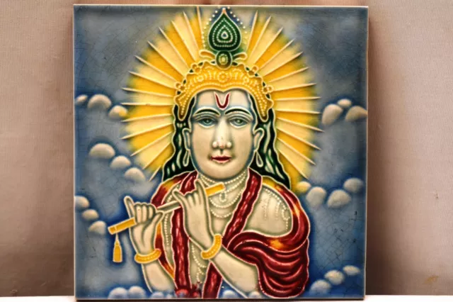 Antique Tile Art Nouveau Majolica Japan Lord Krishna Playing The Flute Porcel"J9 2