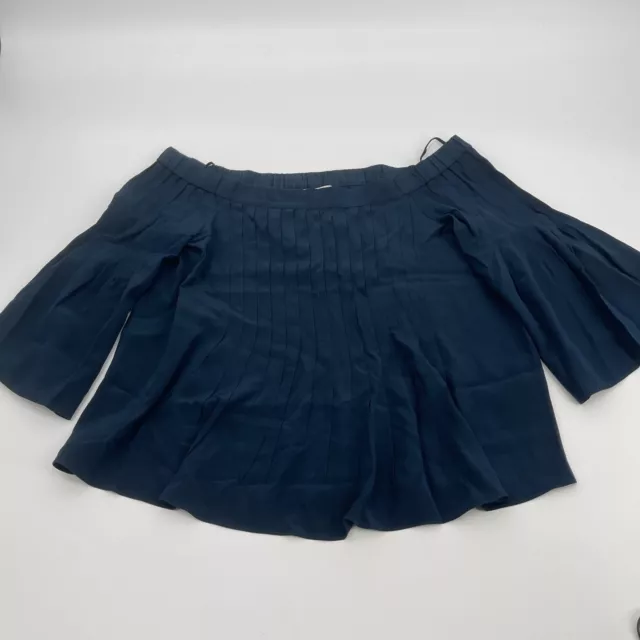 Tibi Womens Blouse 0 Silk Off the Shoulder Top Pleated Navy Blue Casual Preppy