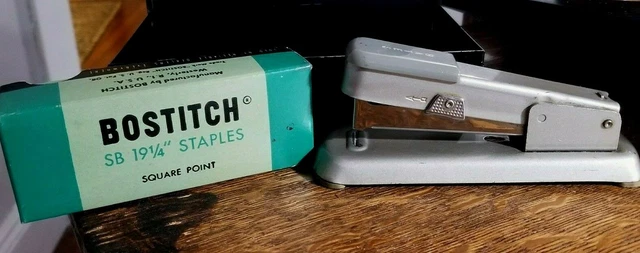 VINTAGE BOSTITCH STAPLER  + SB 19 1/4"  Staples & Tin Hand Painted Lidded Box