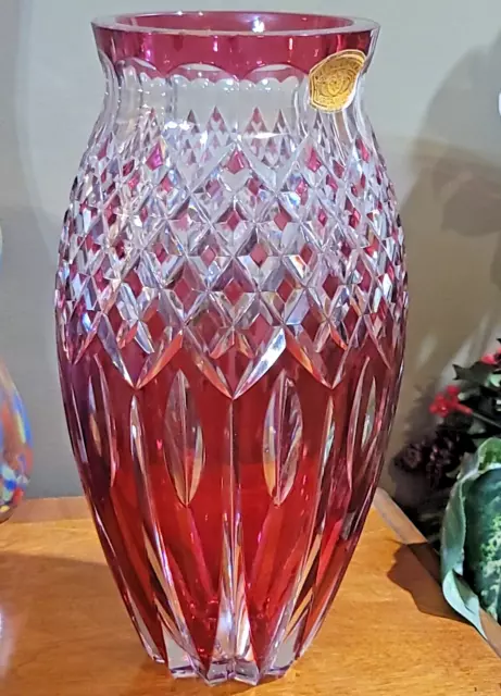 Rare Val St Lambert Large Cranberry Rub Cut2Clear Crystal Vase Signed 12"