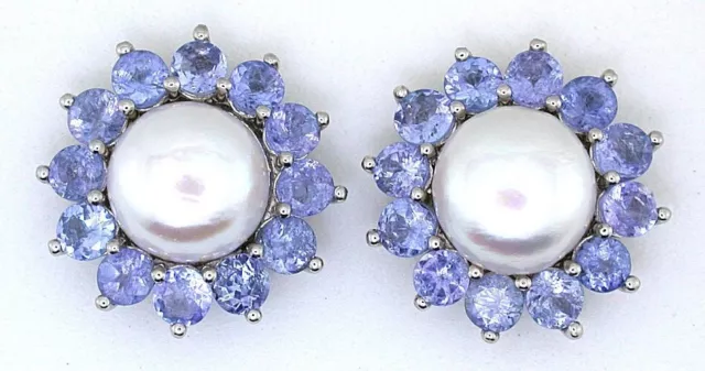 Round Freshwater Pearl Tanzanite Gemstone Stud Post Sterling Earring PSE84/9723