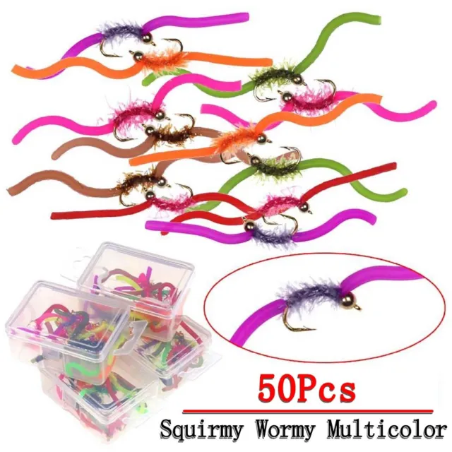 50Pcs Brass Bead Head Squirmy Wormy Fly Trout Fishing Lures Nymph Worm Baits