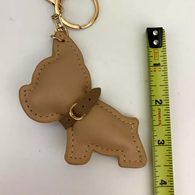 French Bulldog Keychain Bag Charm Frenchie Faux Leather Vegan Tan & Gold Fawn 3