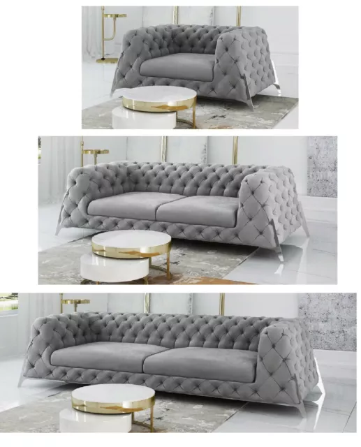 % Chesterfield "King" Set 1+2+3 Sitzer Sofa Couch Sessel Hocker Hell Grau Samt !