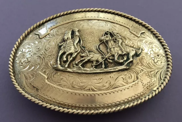 VTG Amazing Gold Tone Bronze ADM USA Cowboy Rodeo Team Roping Trophy Belt Buckle