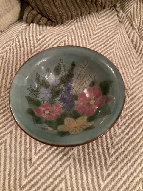 Vintage Chelsea Studio Pottery Dish - Hand painted flowers Signed AC