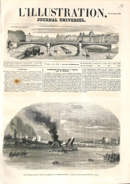 Naufrage bateau-vapeur Le Parisien à Andance près Tournon Ardèche GRAVURE 1853