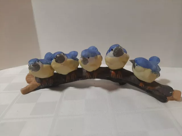 Vintage Five Porcelain Birds Sitting On A Log