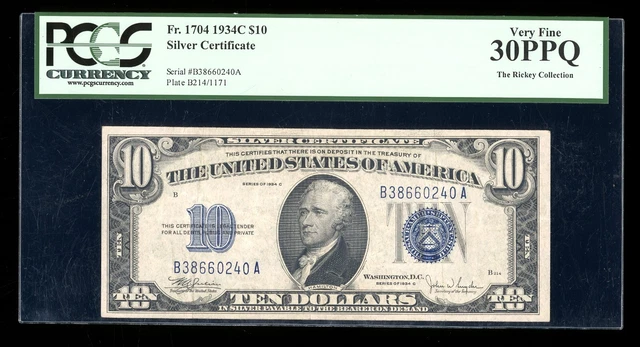 DBR 1934-C $10 Silver Fr. 1704 PCGS 30 PPQ Serial B38660240A