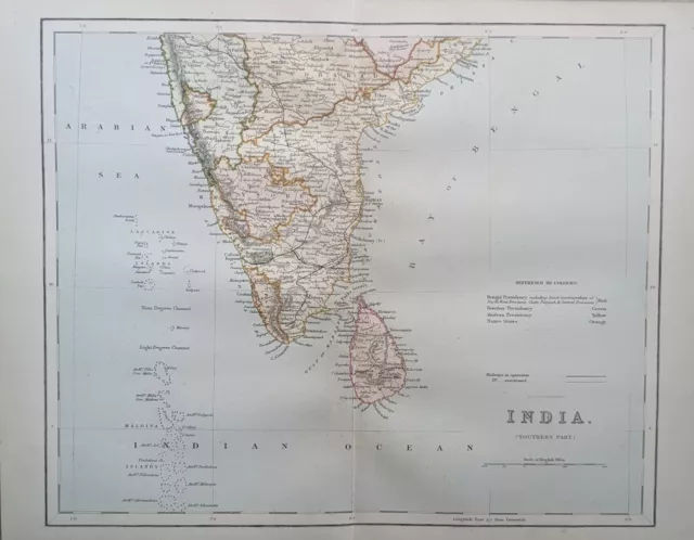 c1870 MAP SOUTHERN INDIA CEYLON MYSORE MADRAS HYDRABAD TRAVANCORE PONDICHERRY