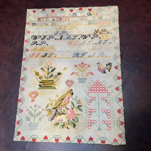 Rare Antique 19th Century Handmade Embroidered Needlepoint Sampler Folk Art