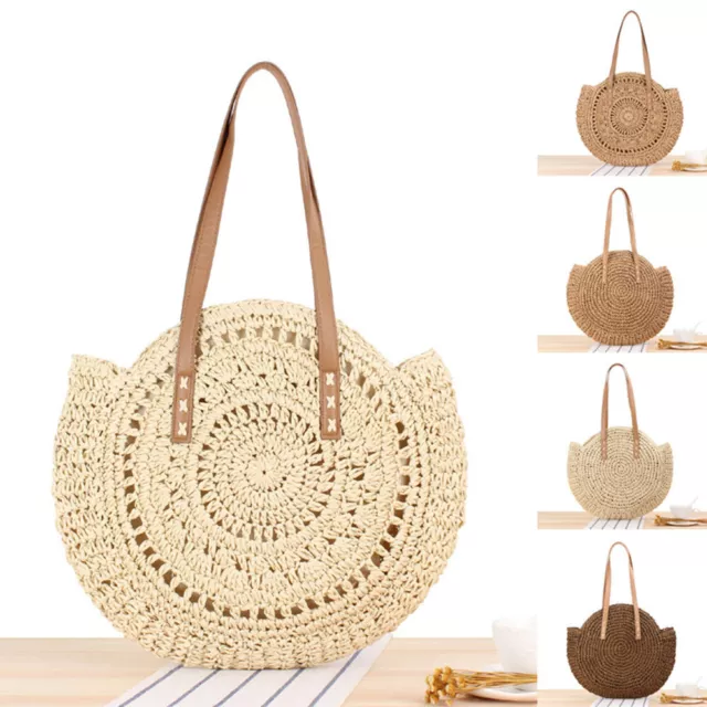 Women Boho Woven Handbag Summer Beach Tote Straw Bag Round Rattan Shoulder US