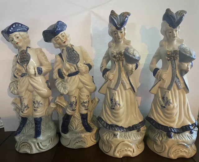 Vintage Victorian Porcelain Figurines Couple Blue and White with Gold Trim 12"