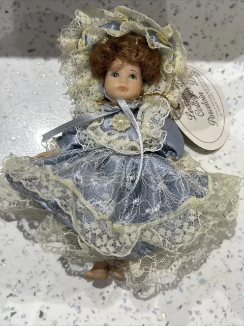 Vintage Miniture Porcelain Doll, 5.5" , Leonardo Collectors, Blue/Lace Dress