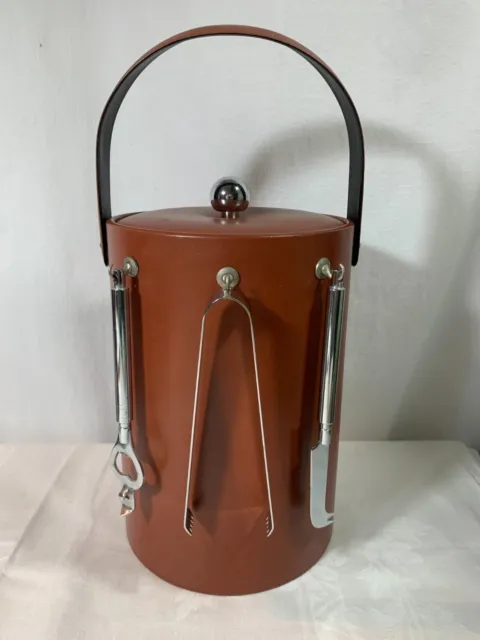 Vintage GEORGES BRIARD Brown Faux Leather Tall ICE BUCKET with Bar Tools SIGNED