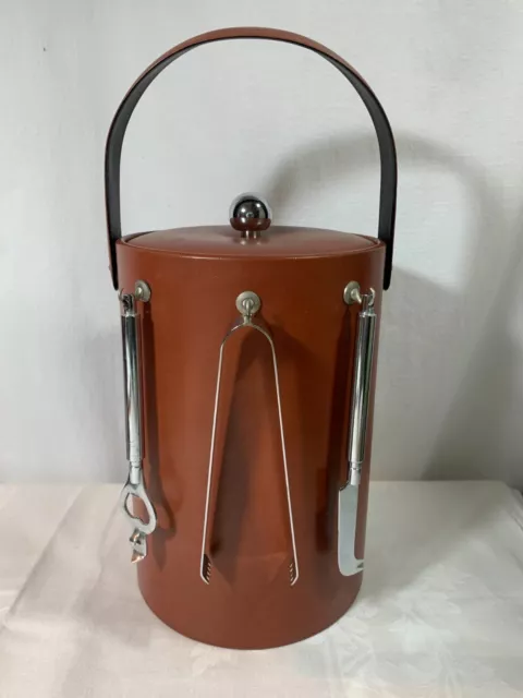 Vintage GEORGES BRIARD Brown Faux Leather Tall ICE BUCKET with Bar Tools SIGNED Vintage GEORGES BRIARD Brown Faux Leather Tall ICE BUCKET with Bar Tools SIGNED