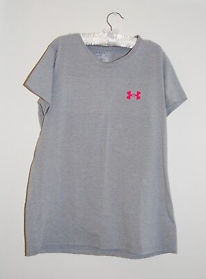 NWT Under Armour Big Girls Heather Gray Pink Logo Heat Gear Loose SS T-Shirt XL