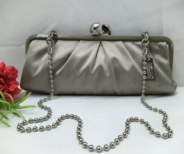 Coach Amanda Darcy Gray Satin Kisslock Framed Chain Strap Evening Clutch Bag