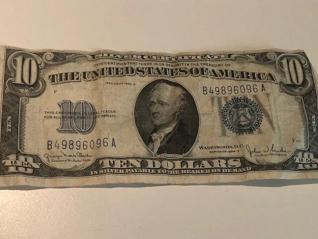 1934 D 10 Dollar Bill Silver Certificate 4 Blue Seal