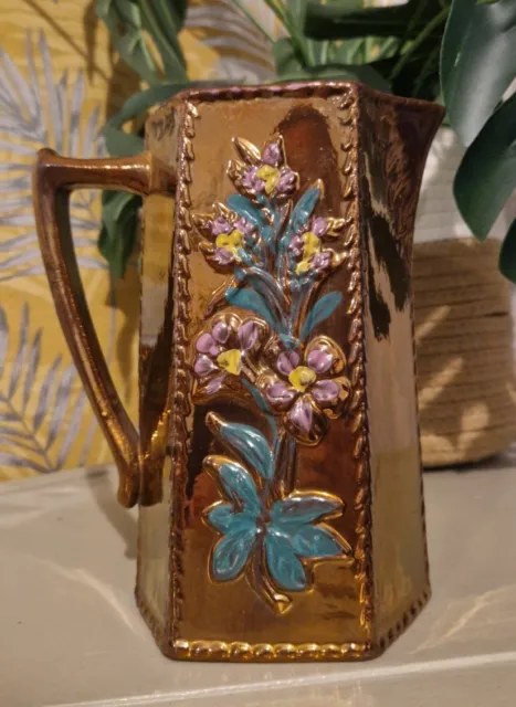 Antique Ceramic Copper Lustre Ware Jug Hand Painted Floral Pottery 20cm Tall Hex