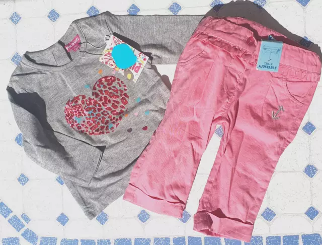 Ensemble Pantalon Rose T-Shirt Manche Longue Gris & Coeur Bebe Fille 6 Mois Neuf