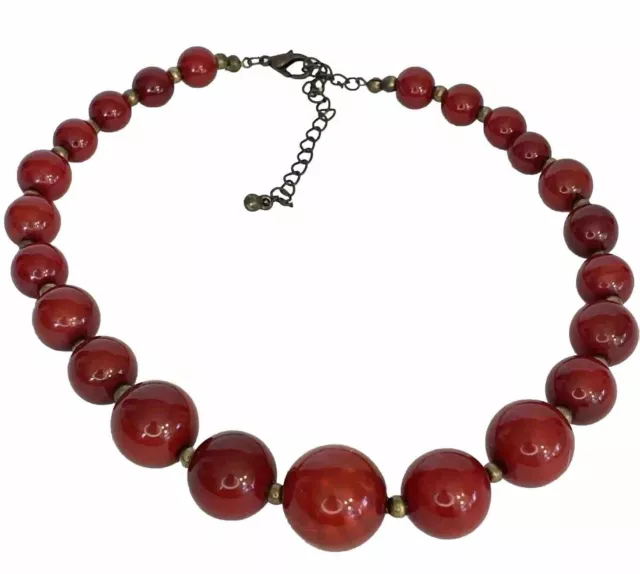 Vtg Cherry Red Marble Lucite Bead Chunky Necklace Graduated Gum Ball Glamour Fun