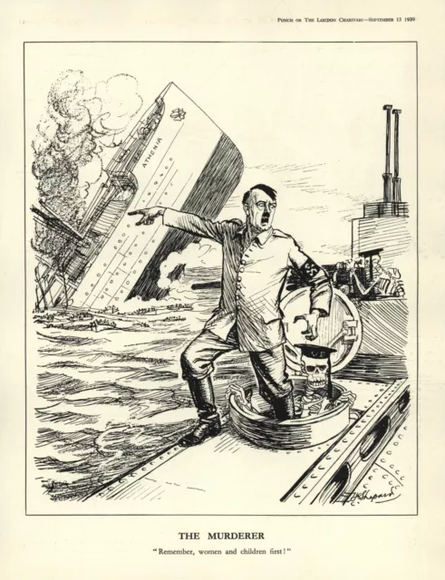 WW2 British Propaganda Cartoon: GERMAN U-BOAT SINKING SS ATHENIA - Hitler Denies