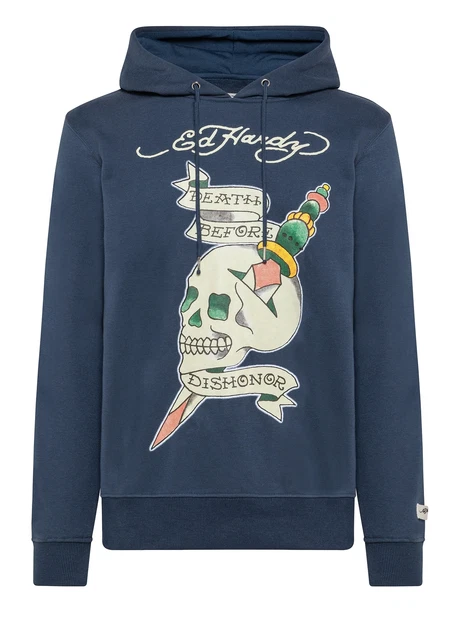 Felpa Uomo con Cappuccio ED HARDY Blu Skull Tattoo Stampato S M L XL 2XL
