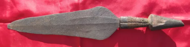 Antique African Congo Knife, Spearpoint Handforged Iron Blade, Wood/Coper Handle