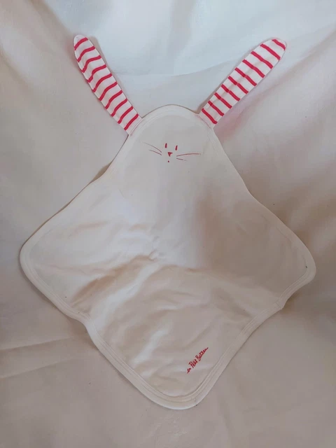 Doudou Petit Bateau Lapin Blanc Raye Rouge Plat Tout Coton Etat Neuf