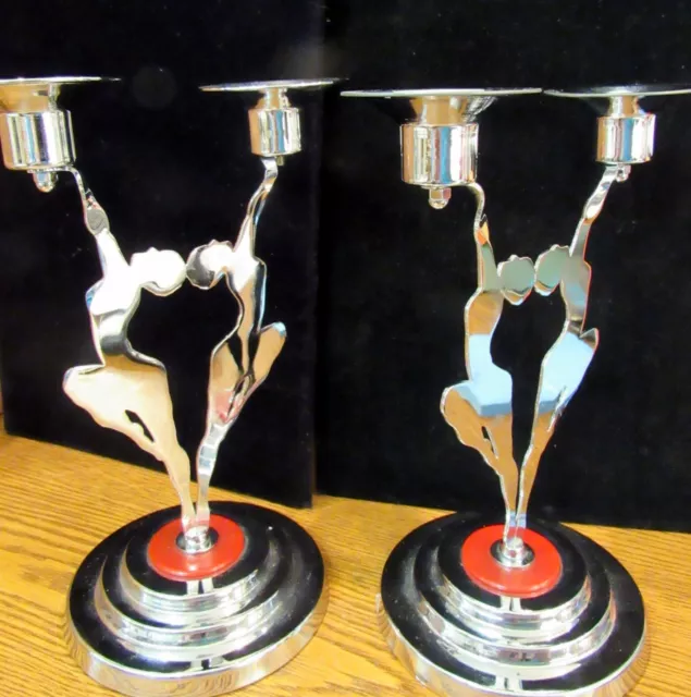 RARE Vintage Pair Art Deco Original 1930's Figural Chrome & Candlestick 7.75"