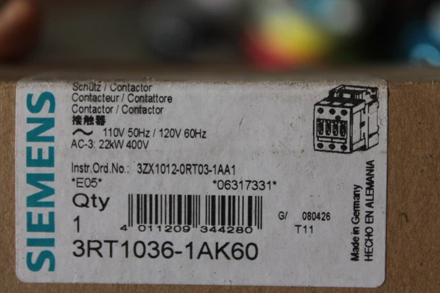 New Siemens 3RT1036-1AK60 3 Pole 50 Amp 600 Volt Contactor 110/120 Volt Coil