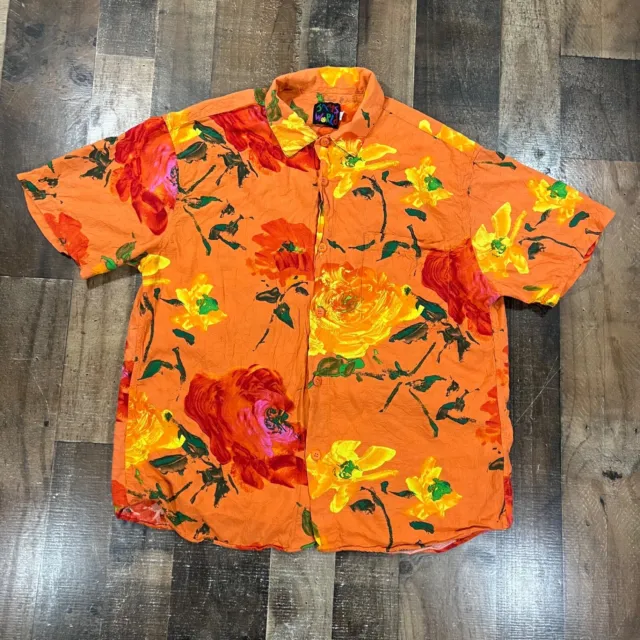 Jams World Womens Shirt Large Orange Floral Button Up Hawaiian Casual Top