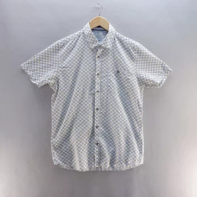 Ted Baker Shirt Medium White Yellow Blue Pattern Button Up Short Sleeve Mens