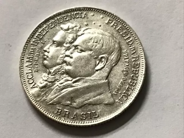 1822-1922 Brazil  2 Mil Ries 100 Year Independence Centennial Silver Au-Bu Rare 3