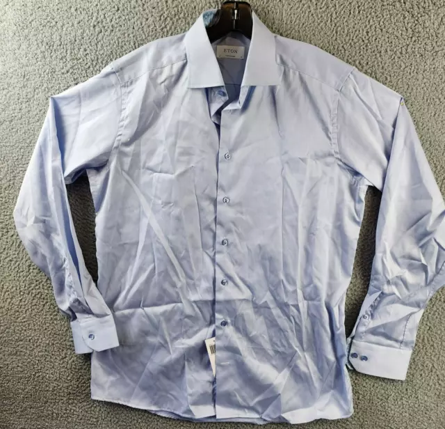 Eton Contemporary Fit Twill Button-Up Dress Shirt Men's 16 Light Blue Solid 2