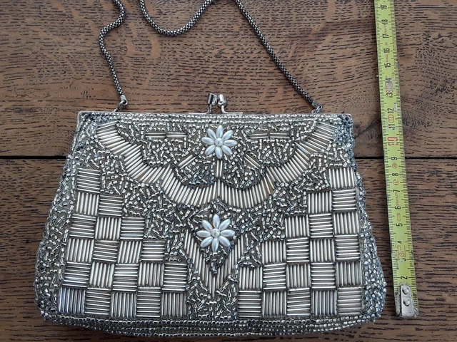 Sac à Main Vintage MORABITO Paris Perlé Blanc - Monture Métal Doré - Occasion Avec Petits Accidents