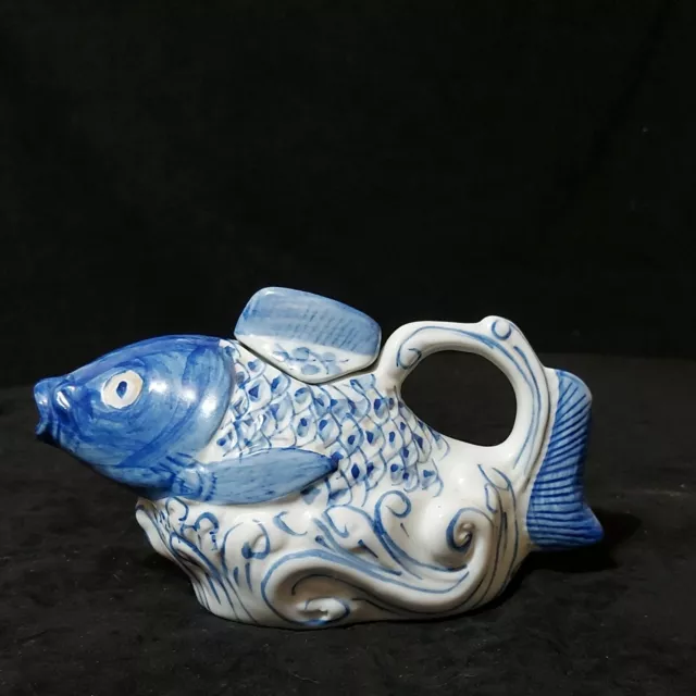 Antique Porcelain Koi Fish Tea Pot Blue & White W/Handle & Lid Rides Atop A Wave