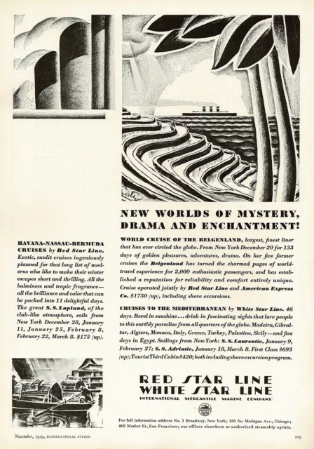 1920s BIG Vintage Red White Star Line Cruise Travel Art Deco Print Ad