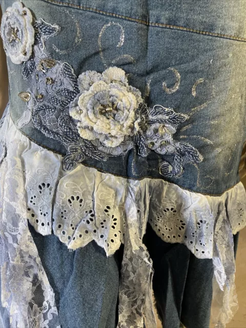 BLUE DENIM BEADED Embroidery Lace Ruffle Midi Zip Size XL(10-12) Skirt ...