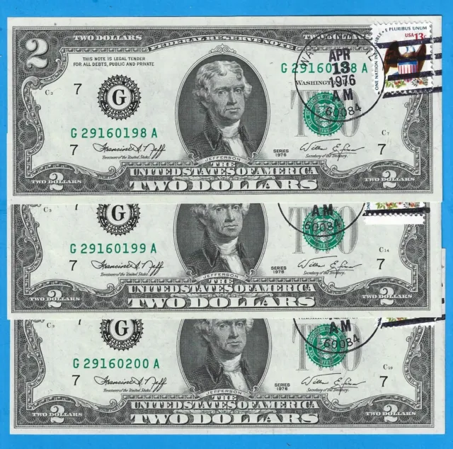 1976 $2 FRN G-Chicago,(3) Cons 1st Day Issue Notes,Green Seal,CH Crisp UNC,Nice!