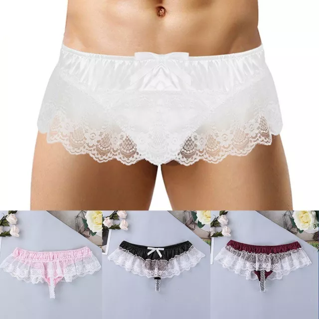 Men's Sissy Satin Lace GString Thong Underwear with See through Design