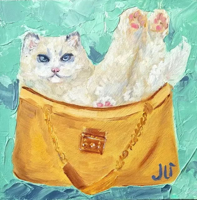 Pintura al óleo Retrato de mascota Gato blanco Impasto Lindo arte para...