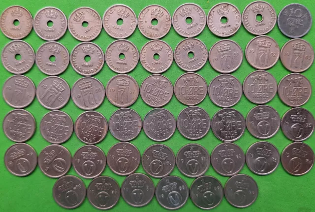 Lot of 51 Different Old Norway 10 ore Coins 1924-1990 Vintage World Foreign !!