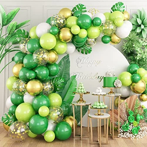 Kit de arco de globo verde Jungle Safari 104 piezas globos de oro verde oscuro blanco