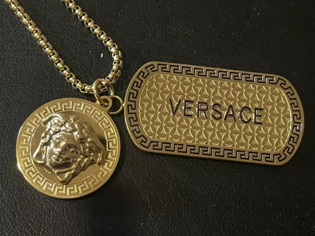 XL Medusa Greek Myth Versace 2 Dog Tags Gold-plated Necklace