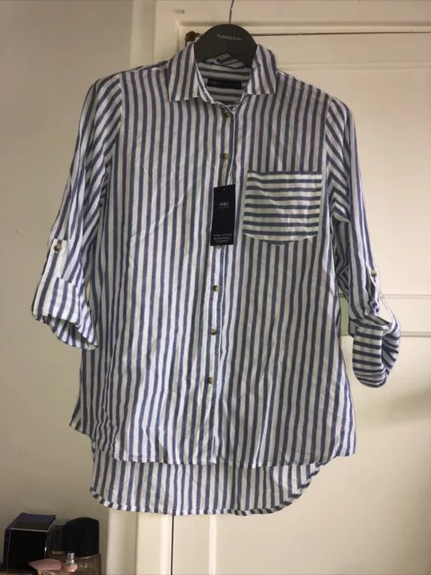 Striped 100% Cotton blouse Shirt top Size 10-12 uk m&s White Blue Bnwt Nwt New